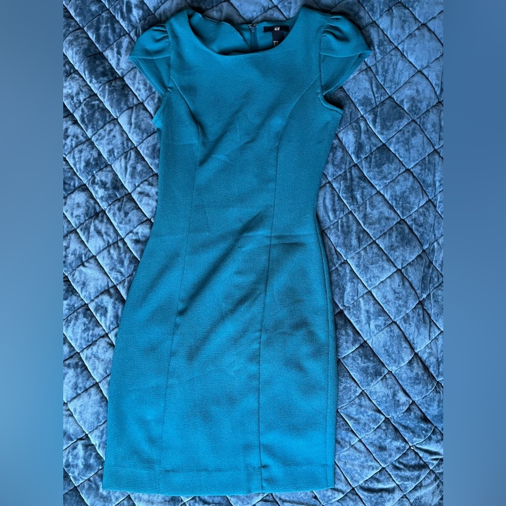 H&M cap sleeve midi dress in dark turquoise.
